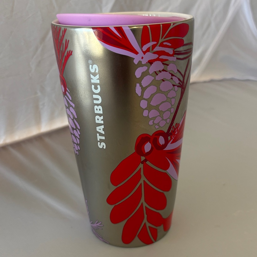New Starbucks Silver and Red Tumbler Double Wall Ceramic 12 fl oz